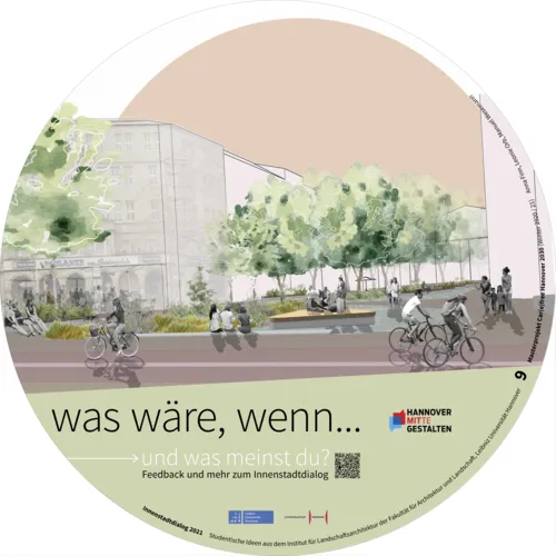Visualisierung, die Menschen auf einem begrünten Platz zeigt. Davor fahren Menschen auf Rädern die Straße entlang.